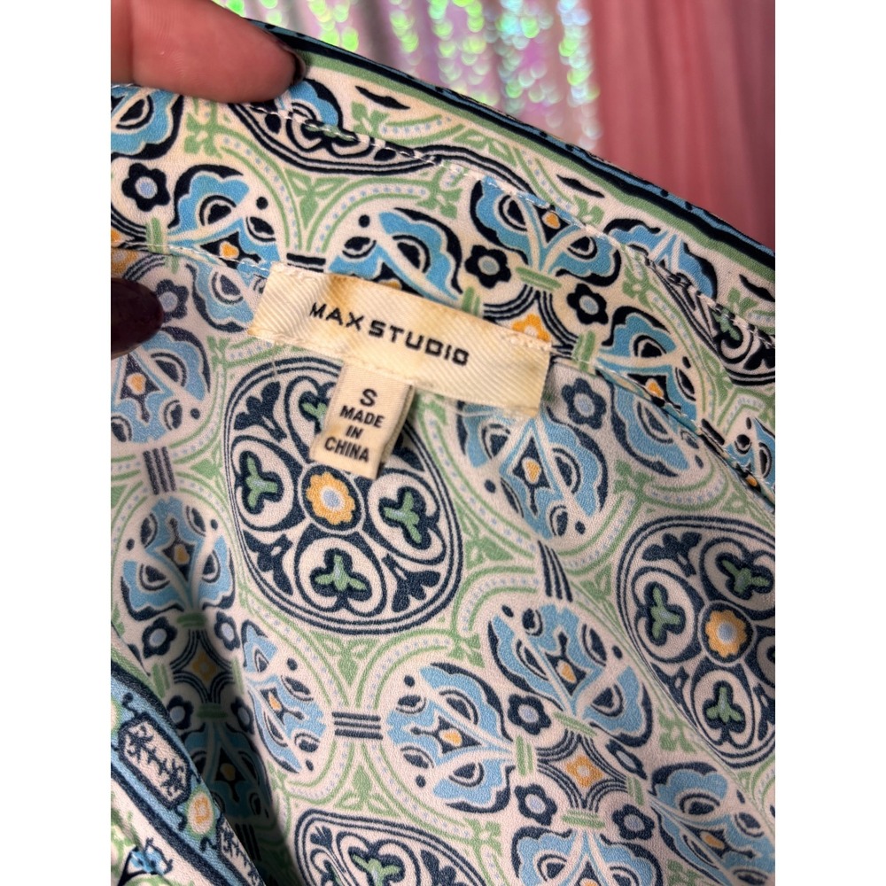 Max Studio Womens Mint Green Blue Geometric Tile Print Button Down Blouse Small - Picture 3 of 3